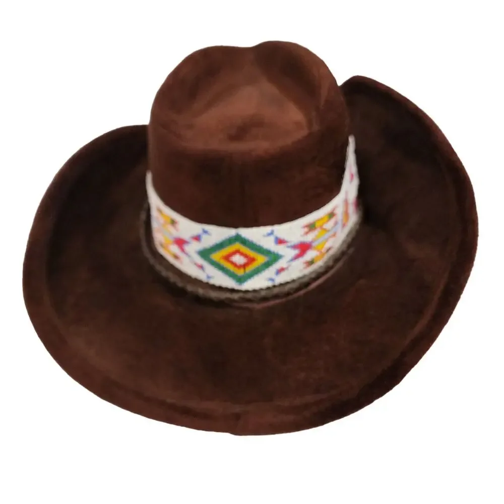 Vtg Brown Velour Cowboy Hat Southwestern Beaded Band Festival Western Boho